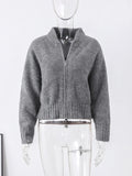 Fashion Kint Grey Zippers Women Cardigan Sweater Spring Long Sleeve Pleater Female Sweaters 2024 Elegant Casual Lady Outwear