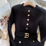 YuooMuoo Autumn Winter Women Knitted Dress Brand Fashion O-neck Buttons Bodycon Sweater Dress with Belt Lady Office Dress