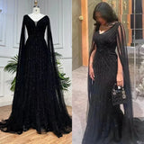 Serene Hill Black Arabic Cape Sleeves Evening Dresses Gowns 2024 Luxury Beaded A-Line For Women Party LA71889