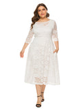 Plus Size Contrast Lace Half Sleeve Semi Sheer Midi Prom Party Wedding Evening Dress For Women