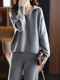 2 Pieces Set Women Oversize Tracksuit Polo Collar Sweater&Straight Pants Female Knitted Pullover Set Elegant Sweater Suit Women