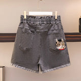 New 2022 Summer Plus Size Women Jeans Shorts For Women Large Size Gray Pocket animal Cotton Denim Shorts 3XL 4XL 5XL 6XL 7XL