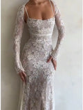 Lace Embroidery Mesh Sling Maxi Dress Women Fashion Sleeveless Back Bandage Bodycon Dresses 2023 Female Elegant Party Club Robes