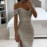 Elegant Off-shoulder Gown Dress Solid Color Long Sleeve Sequin V-neck Maxi Dress for Evening Party 2024 Fashion Female Vestidos