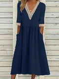 2024 Spring Cotton Linen Oversize Women's Long Dress White V-neck Lace Loose A-line Dresses Female Casual Trendy Ladies Clothes