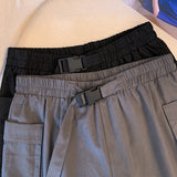 Plus-size women's summer casual shorts Black gray cotton fabric high-waisted shorts Elastic waist design belt double pockets