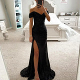 Elegant Off-shoulder Gown Dress Solid Color Long Sleeve Sequin V-neck Maxi Dress for Evening Party 2024 Fashion Female Vestidos