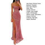 greatnfb Women Evening Dress Shiny Sequin Spaghetti Strap Maxi Dress Off Shoulder Sleeveless Low-cut High Split High Waist Prom Dress