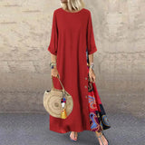 Printed Long Dress Dress Long O Neck Loose Women Plus Size Vintage 3/4 Sleeve Side Buttons Dress