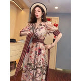 Korean Fashion Puff Sleeve Floral Dress Loose Waist With Bandage New Women's Summer Dresses Elegant Casual Midi Vestidos Mujer