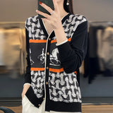 greatnfb  Spring And Summer New Silk Print Cardigan Ladies Worsted Wool Thin Coat V-Neck Loose Knit Sweater Long Sleeve Coat