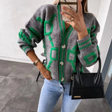 2023 Autumn Winter Knitted Cardigan Fashion Women Long Sleeve Loose V-Neck Sweater Thick Warm Female Green Casual Print Cardigan