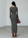 2024 Spring Women's O-neck High Waist Folds Long Dress Streetwear Winter Office Lady Solid Tunics Bodycon Evening Party Dresses