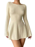 Solid Color Ribbed Knit Sweater Dress with A-Line Swing Silhouette - Casual Long Sleeve Crewneck Bodycon Short Dress