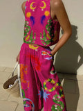 2024 NEW Women Print Suit Sleeveless Crop Top Loose Long Pants 2 Pieces Set Lady Spring Summer Hawaii Beach Casual Outfits