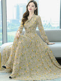 greatnfb Women Chiffon Casual Dress Yellow Floral 2024 Spring Long Sleeve Beach Clothes Red Elegant Fashion Maxi Dresses For Evening Prom