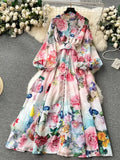 2024 Holiday Gorgeous Flower Party Dress Women's Stand Long Sleeve Single Breasted Floral Print Belt Linen Maxi Robe Vestidos