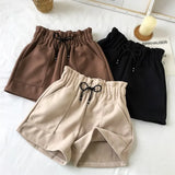 High Waist Wide Leg Black Shorts Women Autumn Winter Solid Short Casual Thicken Warm Ladies Woolen Shorts Elastic