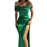 greatnfb Women's Formal Dresses Fashion Solid Color Off Shoulder Satin Slim Side Slit Midi Dress Elegant Party Evening Dress For Women