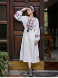 Fashion Summer and Autumn Dress Pattern Embroidery Cotton Linen White Skirt Holiday Three-quarter Sleeve Long Skirt Party