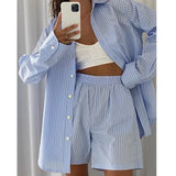 greatnfb Women's Pajamas Set Home Clothes Sleepwear Loung Wear Stripe Long Sleeve Shirt Tops and Loose High Waisted Mini Shorts Pijama