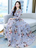 Blue Floral Vintage Chiffon Long Sleeve Dress Spring Autumn 2023 Womens Fashion Prom Maxi O-Neck Bodycon Evening Midi Dresses