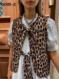 Leopard Print Bow Waistcoat Women Fashion Sleeveless Hollow Out V-neck Female Vest 2024 Sping Summer Slim Streetwear Lady Vests