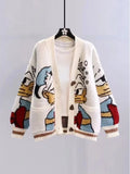 New in Winter White Cardigan Knit Sweater Women Sweaters Casual Loose Long Sleeve Top Cartoon Thickening V-neck Cardigan Sweater