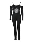 Sexy Party Night Out Jumpsuit Women Elegance Plain Glitter Cold Shoulder Long Sleeve Contrast Lace Corset Skinny Jumpsuit