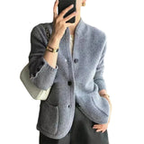 Office Knit Winter Thickened Cardigan Stand Up Collar Sweater Loose Coat Elegant Casual Chic Ladies Buttons Pockets jacket Tops