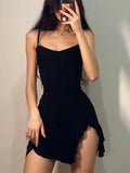 HOUZHOU Sexy Black Dress Women Summer Bodycon Spaghetti Strap Mini Dress Sleeveless Irregular Vintage Streetwear Ruffle Sundress