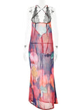 JULISSA MO Elegant Tie Dye Floral Chiffon Dress Summer Sexy Women Backless Lace Bodycon See Through  Beach Party Vestidos