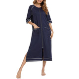 Rubehoow House Dresses For Women Zipper Front Robes Half Sleeve Bathrobe Full Length Soft Cotton Duster Coat With Pockets