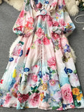 2024 Holiday Gorgeous Flower Party Dress Women's Stand Long Sleeve Single Breasted Floral Print Belt Linen Maxi Robe Vestidos