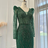 Sharon Said Navy Blue Mermaid Evening Dress for Women Wedding Elegant Emerald Green Long Sleeves Arabic Formal Party Gowns SS099