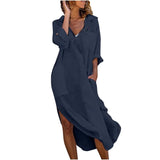 Simple Style Cotton Linen Solid Color Dresses Women's Lapel Splicing Pocket Split Hem Dressy Ladies Casual Loose Breathable Gown