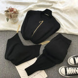 greatnfb Women Zipper Knitted Cardigans Sweaters + Pants Sets + Vest Woman Fashion Jumpers Trousers 3 PCS Costumes Outfit