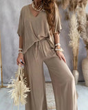 Long Pant Sets Summer two piece set For Women V neck Bat Sleeve Casual Loose Wide-leg Pants 2 piece set solid color Outfits