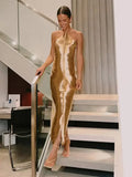 Elegant Shiny Metallic Gold Halter Dress for Women Sleeveless Backless Bodycorn Long Vestidos 2024 Lady Party Club Evening Robes