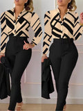 Elegant Women Printed Two Piece Suit Sets Autumn Winter V Neck Long Sleeve Shirt Top & Long Pants Set With Belt Workwear Outfits