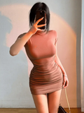 Sexy Tight Half High Collar Pleated Waist Mini Dress Spicy Girls Slim Dresses Bodycon Women Vestidos Cortos Party Mujer Clothing