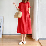 greatnfb  Summer Cotton Linen Dresses Women Casual Loose Short Sleeve Solid Midi Dress Elegant Daily Pockets Oversize A-Line Vestidos