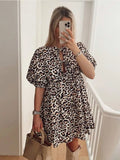 Causal Leopard Printed Hollow Out Lace Up Mini Dress Fashion Women O Neck Puff Half Sleeve Short Dresses Female Commuting Wear