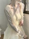 greatnfb  Summer Apricot Lace Belt Women Cardigan Korean Fashion V-neck Long Sleeve Cropped Tops Sweet Slim Thin Sunscreen Jacket Female