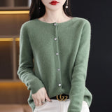 greatnfb Women 100% Merino Wool Sweater New Round Collar Solid Color Knitted Cardigan Autumn Winter Casual Soft Jacket Bottoming Slim Top