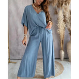 Elegant Women's T-shirt+ Long Pants 2 pcs  Set 2023 Summer V-neck Bat Sleeve Loose Hollow Top Casual Pants LadySuit S-XXL