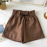 High Waist Wide Leg Black Shorts Women Autumn Winter Solid Short Casual Thicken Warm Ladies Woolen Shorts Elastic