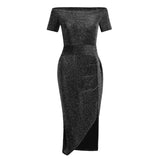 Elegant Asymmetrical Split Pencil Dresses Women's Sexy Off Shoulder Long Sleeve Bodycon Evening Party Long Dress Prom Club Dress