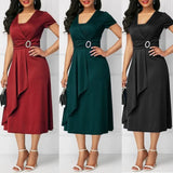 Elegant Women Solid Color Short Sleeve V Neck Asymmetric Hem Waist Tight Midi Party Dress Ladies Evening Vestidos