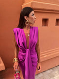 Sexy Deep V Neck Flods Split Dress Women Elegant Solid Sleeveless Midi Vestidos 2024 Summer New Ladies Evening Party Robes